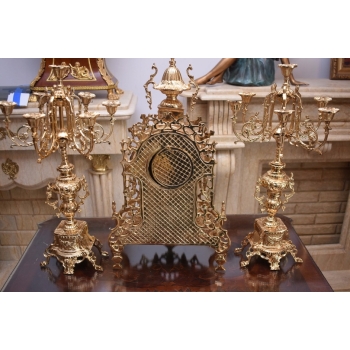 Zegar Kominkowy + 2 Kandelabry Świeczniki - Mosiądz + Marmur - Zestaw