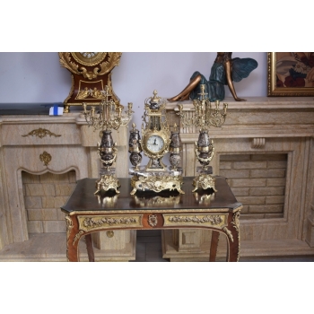 Zegar Kominkowy + 2 Kandelabry Świeczniki - Mosiądz + Marmur - Zestaw