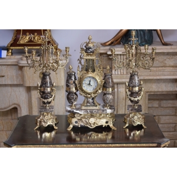 Zegar Kominkowy + 2 Kandelabry Świeczniki - Mosiądz + Marmur - Zestaw