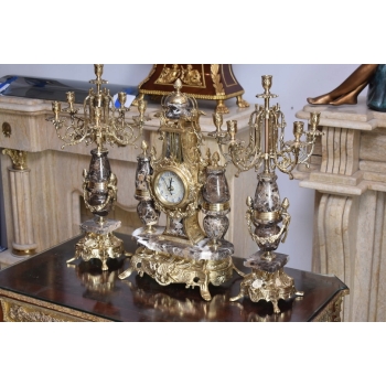 Zegar Kominkowy + 2 Kandelabry Świeczniki - Mosiądz + Marmur - Zestaw