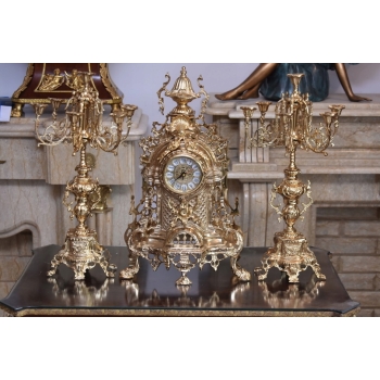 Zegar Kominkowy + 2 Kandelabry Świeczniki - Mosiądz + Marmur - Zestaw