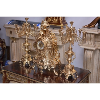 Zegar Kominkowy + 2 Kandelabry Świeczniki - Mosiądz + Marmur - Zestaw