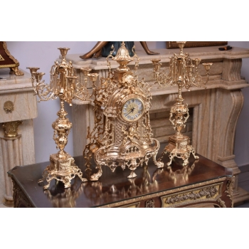 Zegar Kominkowy + 2 Kandelabry Świeczniki - Mosiądz + Marmur - Zestaw