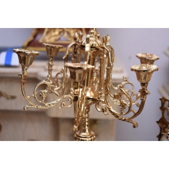 Zegar Kominkowy + 2 Kandelabry Świeczniki - Mosiądz + Marmur - Zestaw