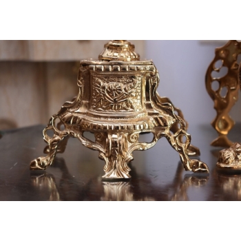 Zegar Kominkowy + 2 Kandelabry Świeczniki - Mosiądz + Marmur - Zestaw