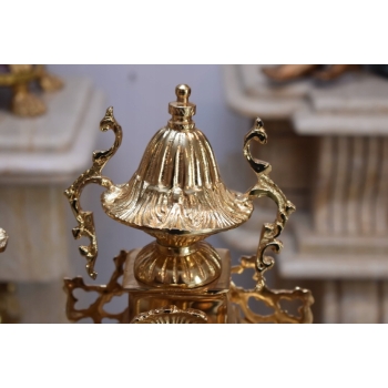 Zegar Kominkowy + 2 Kandelabry Świeczniki - Mosiądz + Marmur - Zestaw