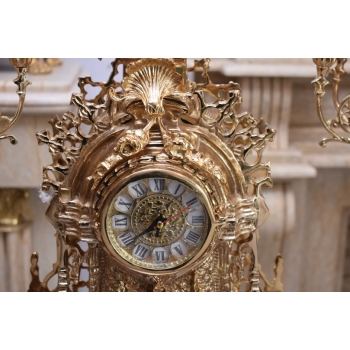 Zegar Kominkowy + 2 Kandelabry Świeczniki - Mosiądz + Marmur - Zestaw