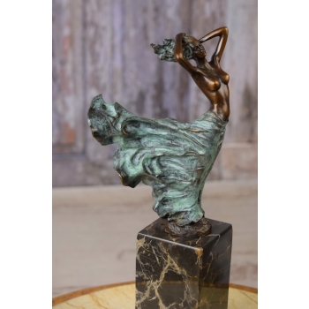 Kobieta Tancerka w Sukni - Figura Styl Art Deco - Sygnowana Rzeźba z Brązu