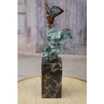 Kobieta Tancerka w Sukni - Figura Styl Art Deco - Sygnowana Rzeźba z Brązu