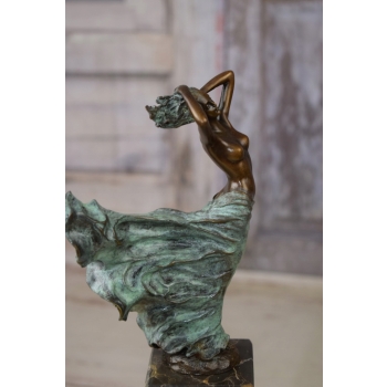 Kobieta Tancerka w Sukni - Figura Styl Art Deco - Sygnowana Rzeźba z Brązu