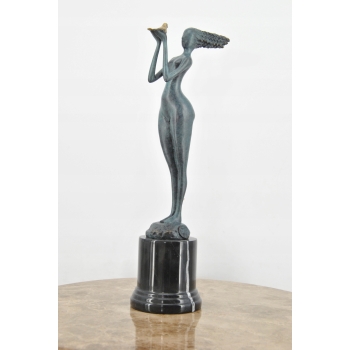 Kobieta z Ptaszkiem - Ptak - Figura Rzeźba z Brązu - Patyna Prezent Ozdoba