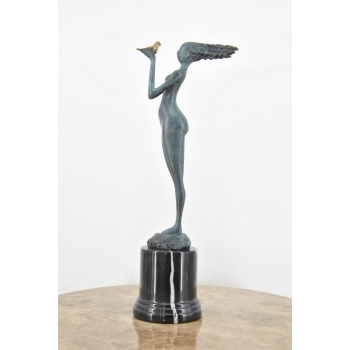 Kobieta z Ptaszkiem - Ptak - Figura Rzeźba z Brązu - Patyna Prezent Ozdoba