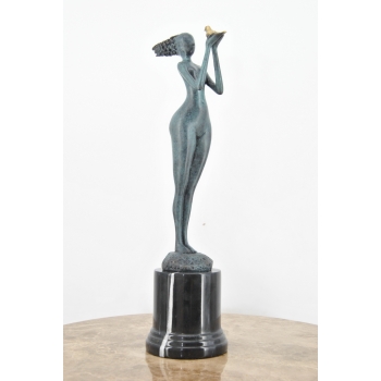 Kobieta z Ptaszkiem - Ptak - Figura Rzeźba z Brązu - Patyna Prezent Ozdoba