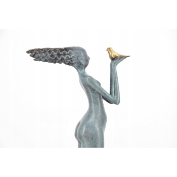 Kobieta z Ptaszkiem - Ptak - Figura Rzeźba z Brązu - Patyna Prezent Ozdoba