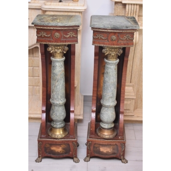 Piękne Kolumny Postumenty Drewno + Granit Brązowe - Masywne