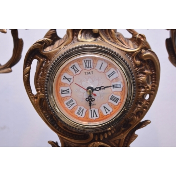 Zegar Kominkowy + 2 Kandelabry Świeczniki - Mosiądz + Marmur - Zestaw