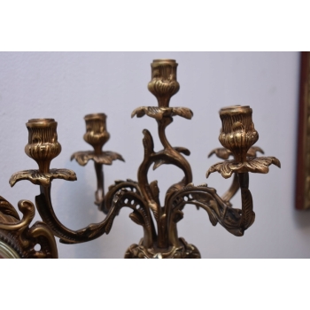 Zegar Kominkowy + 2 Kandelabry Świeczniki - Mosiądz + Marmur - Zestaw