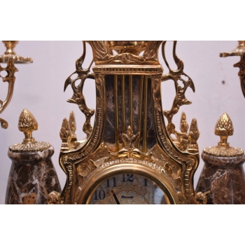 Zegar Kominkowy + 2 Kandelabry Świeczniki - Mosiądz + Marmur - Zestaw