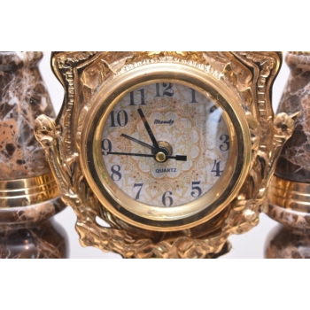 Zegar Kominkowy + 2 Kandelabry Świeczniki - Mosiądz + Marmur - Zestaw