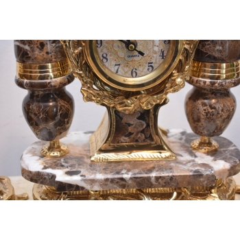 Zegar Kominkowy + 2 Kandelabry Świeczniki - Mosiądz + Marmur - Zestaw
