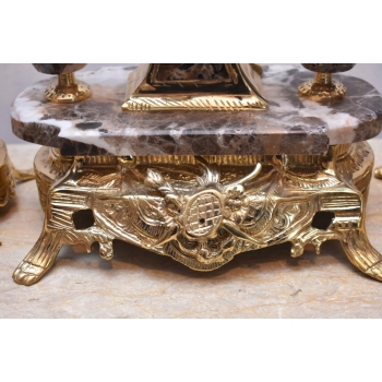 Zegar Kominkowy + 2 Kandelabry Świeczniki - Mosiądz + Marmur - Zestaw