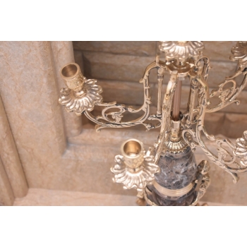 Zegar Kominkowy + 2 Kandelabry Świeczniki - Mosiądz + Marmur - Zestaw