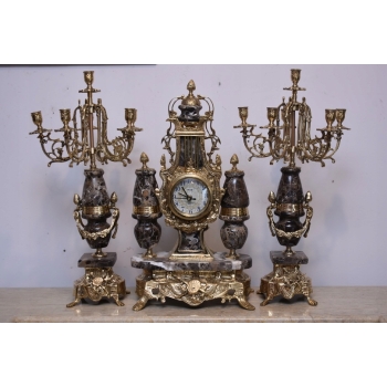 Zegar Kominkowy + 2 Kandelabry Świeczniki - Mosiądz + Marmur - Zestaw