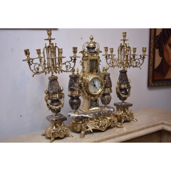 Zegar Kominkowy + 2 Kandelabry Świeczniki - Mosiądz + Marmur - Zestaw