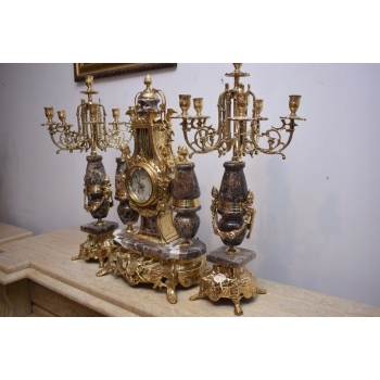 Zegar Kominkowy + 2 Kandelabry Świeczniki - Mosiądz + Marmur - Zestaw