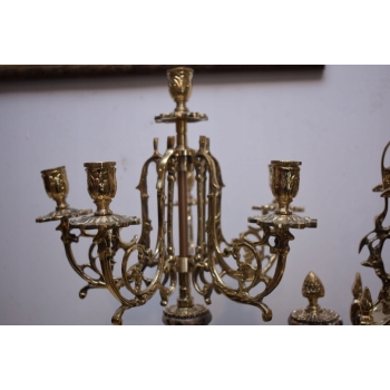 Zegar Kominkowy + 2 Kandelabry Świeczniki - Mosiądz + Marmur - Zestaw