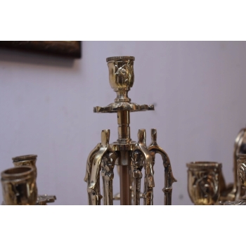 Zegar Kominkowy + 2 Kandelabry Świeczniki - Mosiądz + Marmur - Zestaw