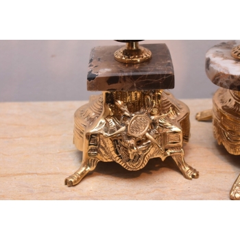 Zegar Kominkowy + 2 Kandelabry Świeczniki - Mosiądz + Marmur - Zestaw