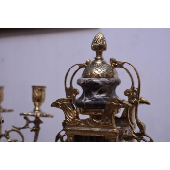 Zegar Kominkowy + 2 Kandelabry Świeczniki - Mosiądz + Marmur - Zestaw