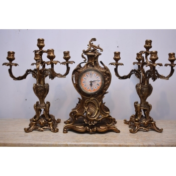 Zegar Kominkowy + 2 Kandelabry Świeczniki - Mosiądz + Marmur - Zestaw