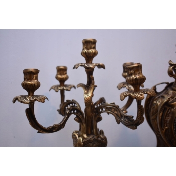 Zegar Kominkowy + 2 Kandelabry Świeczniki - Mosiądz + Marmur - Zestaw