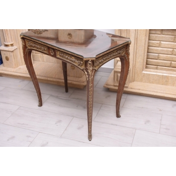 Drewniany Stolik Francuski z Szybą - Stół Biurko Intarsjowane - Ozdoba