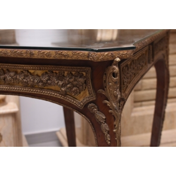 Drewniany Stolik Francuski z Szybą - Stół Biurko Intarsjowane - Ozdoba