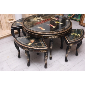 Chiński Stół z kompletem małych stolików - Orientalny Ręcznie Malowany