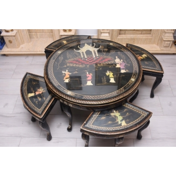 Chiński Stół z kompletem małych stolików - Orientalny Ręcznie Malowany