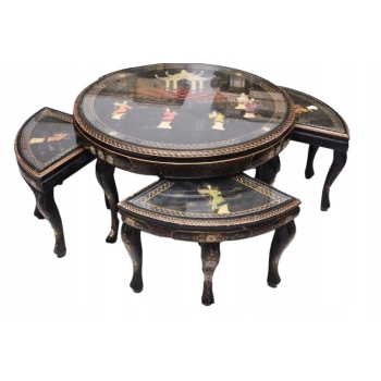 Chiński Stół z kompletem małych stolików - Orientalny Ręcznie Malowany