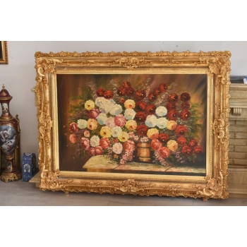 Obraz Olejny - Martwa Natura- Kwiaty, Róże w Bogatej Złotej Ramie - GIGANT