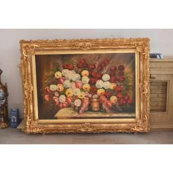 Obraz Olejny - Martwa Natura- Kwiaty, Róże w Bogatej Złotej Ramie - GIGANT