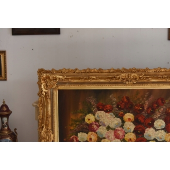 Obraz Olejny - Martwa Natura- Kwiaty, Róże w Bogatej Złotej Ramie - GIGANT