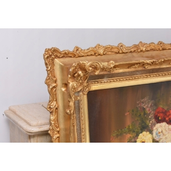 Obraz Olejny - Martwa Natura- Kwiaty, Róże w Bogatej Złotej Ramie - GIGANT