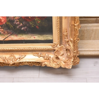 Obraz Olejny - Martwa Natura- Kwiaty, Róże w Bogatej Złotej Ramie - GIGANT