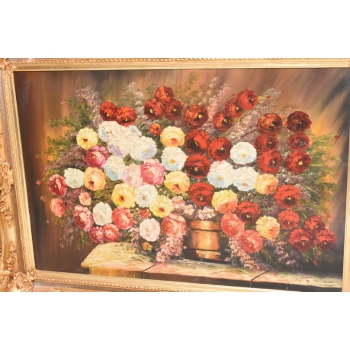 Obraz Olejny - Martwa Natura- Kwiaty, Róże w Bogatej Złotej Ramie - GIGANT