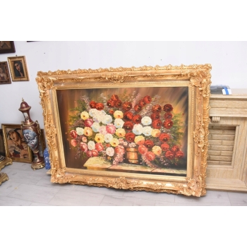 Obraz Olejny - Martwa Natura- Kwiaty, Róże w Bogatej Złotej Ramie - GIGANT