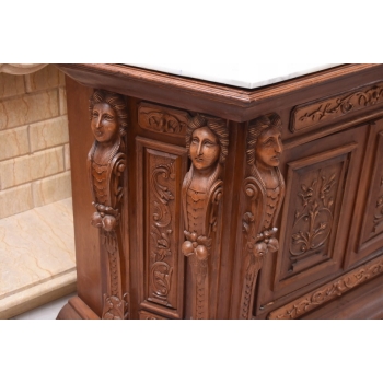 Drewniana Komoda - Rzeźbiona, w Stylu Henryka II + Blat Marmur