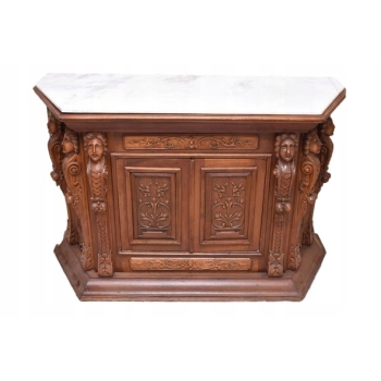 Drewniana Komoda - Rzeźbiona, w Stylu Henryka II + Blat Marmur
