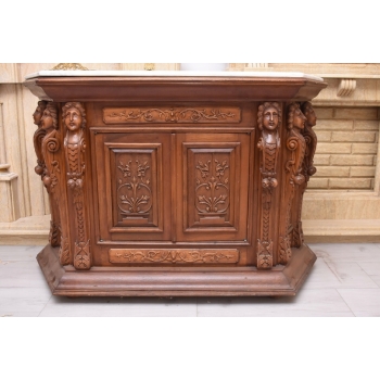 Drewniana Komoda - Rzeźbiona, w Stylu Henryka II + Blat Marmur